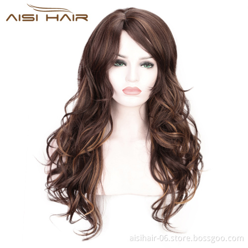Body Wave Wig High Temperature Mixed Brown Long Synthetic Hair Wig For Black Women Cosplay Wigs